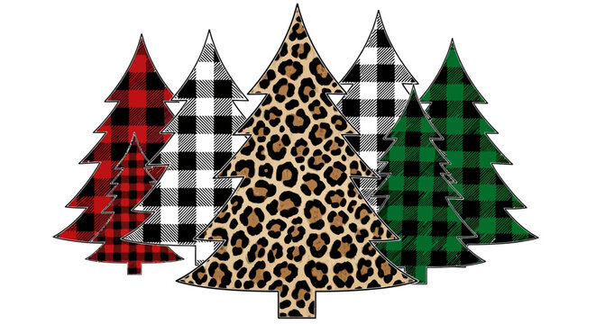 Christmas trees, leopard print, buffalo plaid, colorful, vector icons