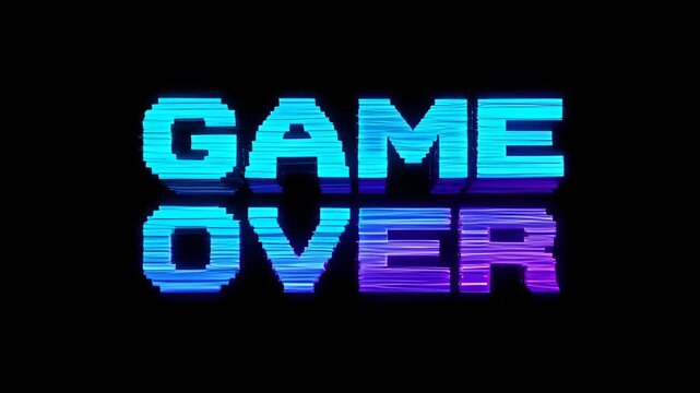 Glitch game over distortion progress neon cyan purple digital text on black background in retro arcade style with neon pixel text for SEO friendly upload title