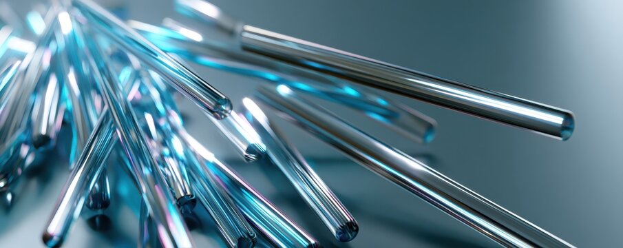 Abstract exploding cluster of cyan and silver reflective glass tubes