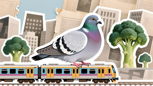 Surreal collage illustration of a giant pigeon standing on a modern city train with broccoli trees and newspaper background, creative whimsical pop art concept for commercial design and fashion textil