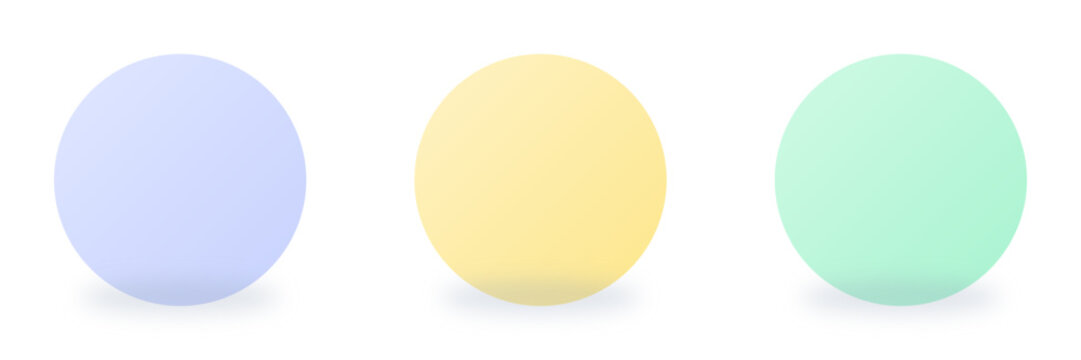 Pastel 3D spheres set with soft shadows, realistic matte round balls in purple yellow and green, collection of three geometric orb vector elements