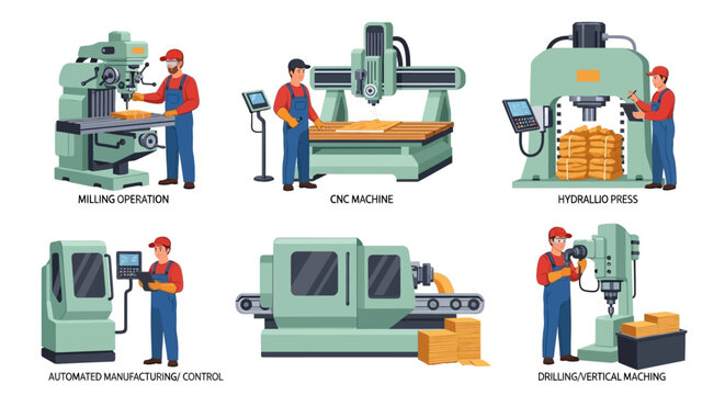 Industrial machines, manufacturing equipment, factory tools, milling machines, industrial automation