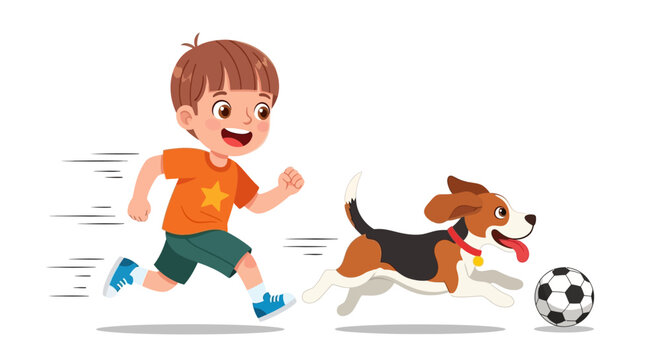 Boy, dog, soccer ball, running, cartoon, illustration, kids, play, fun, sports