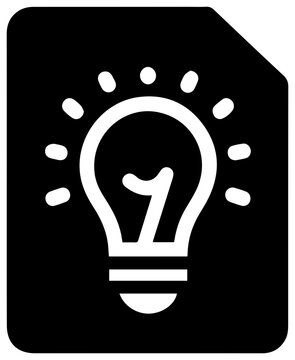 Solid black filled icon of a survey example lightbulb with number one inside surrounded by rays on a white background symbolizing idea and innovation