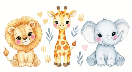 Cute safari animals, lion, giraffe, elephant illustrations, colorful cartoon characters, kids decoration © Steven