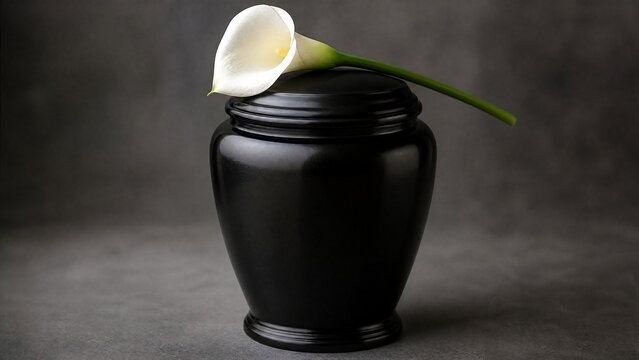 A polished black urn with a single white calla lily resting on top, minimalist and solemn.
