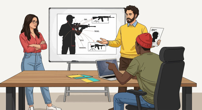 Business strategy meeting, tactical planning, team discussion, gun safety training, presentation