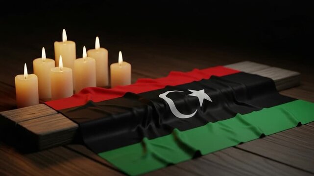 Libyan flag draped over wooden surface with lit candles for national mourning, remembrance, and memorial tribute, symbolic representation of tragedy, loss, and patriotism