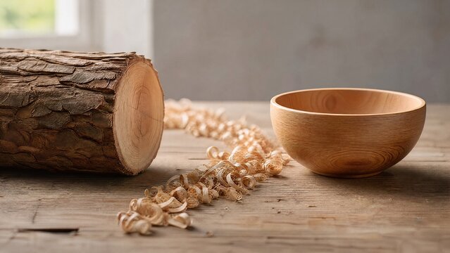 A rough log beside a polished wooden bowl with transitional wood shavings spiral.