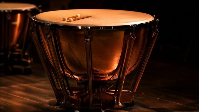 Polished copper timpani drum on dark stage with warm spotlight reflection.
