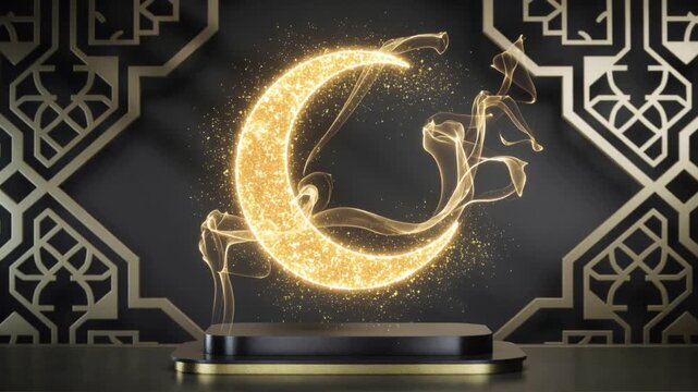 Glowing Golden Crescent Moon Floating on Podium for Ramadan Mubarak