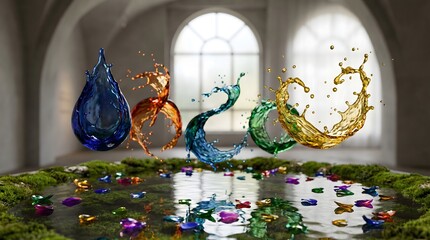 Fototapeta premium A vibrant photograph displays colorful liquid splashes suspended in midair above a mossy pool filled with scattered decorative glass petals
