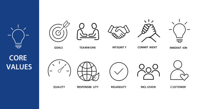 Core Values Line Icons Set &ndash; Business Ethics, Teamwork, Innovation and Corporate Culture Outline Vector Collection