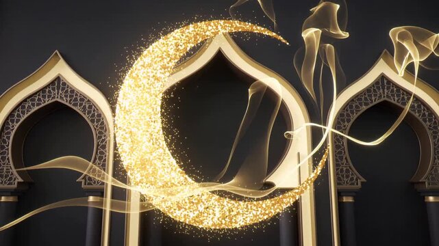 Golden Glitter Crescent Moon and Ornate Islamic Arches Animation