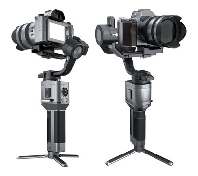 3-axis gimbal stabilization system with nonexistent mirrorless camera on white
