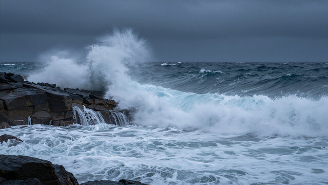 Stormy sea crashes against rugged rocks with force. White foam erupts as waves collide with jagged cliffs. Grey sky looms heavy, amplifying the ocean's fury