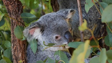 Fototapeta premium Close Up of a Koala Eating Eucalyptus Leaves in a Tree