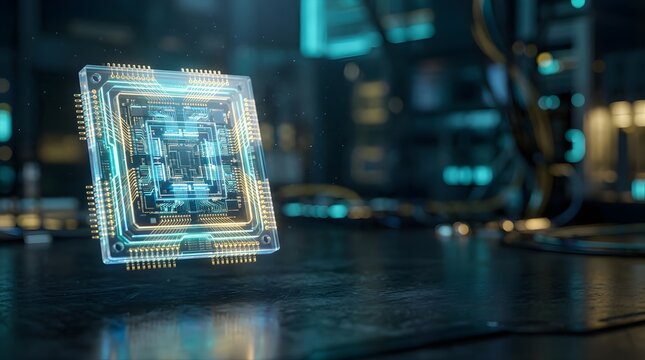 Glowing futuristic microchip processor floating in a high-tech lab