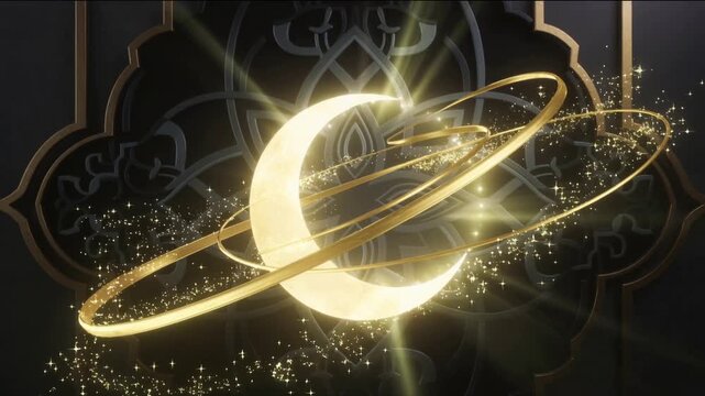 Golden crescent moon with spinning rings and sparkling light