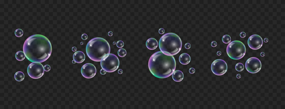 Realistic soap bubbles set with rainbow reflection isolated on black transparent background. Colorful iridescent transparent water bubbles with reflection