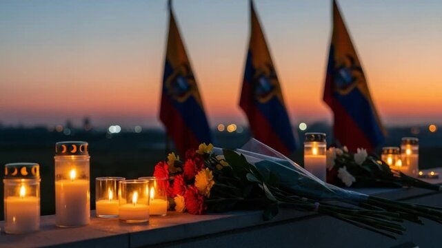 Memorial vigil with candles and flowers at sunset with national flags in background, concept of national mourning, remembrance, tribute, and solemn commemoration
