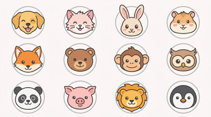 Fototapeta premium Collection of Cute Cartoon Animal Faces Icons.