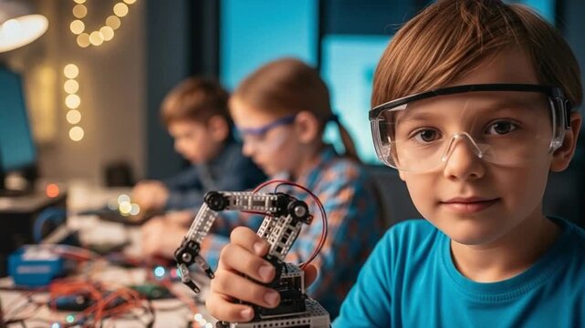 Young boy wearing safety goggles holding a robotic arm in a STEM classroom with classmates learning electronics and engineering concepts for future technology education