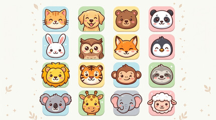Fototapeta premium Collection of Cute Cartoon Animal Faces Icons.