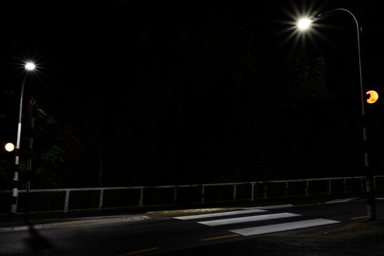 Empty pedestrian zebra crossing illuminated by a single overhead street light at night