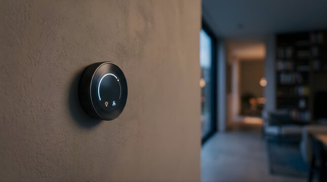 Modern round smart home thermostat mounted on a textured living room wall