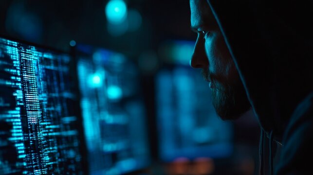 A focused young man with a beard wearing a hoodie, immersed in coding on multiple screens, illuminated by blue light.