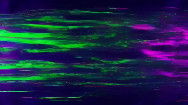 Glitch digital effect colourful horizontal abstract background with neon streak and purple haze, combining luminous lines, dark field, dynamic motion, vivid green accents, modern futuristic mood