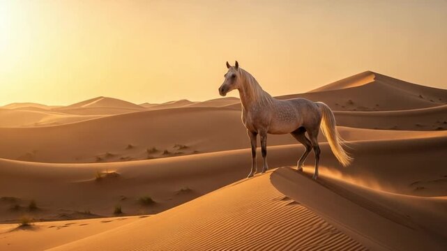 Majestic white Arabian horse standing on a golden sand dune in the desert at sunset, symbolizing freedom, elegance, and endurance in a vast arid landscape
