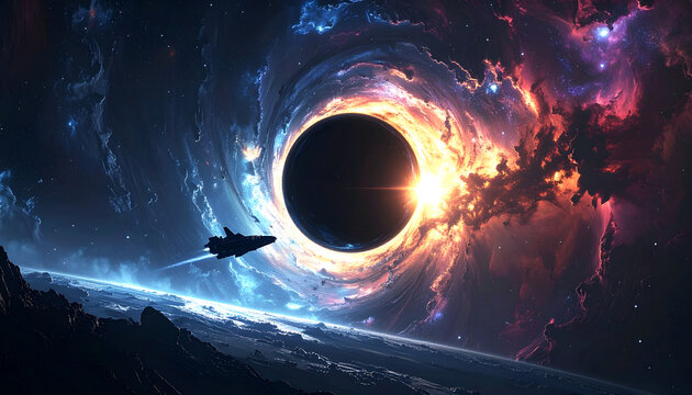 Epic Black Hole Space Scene with Spaceship Approaching.