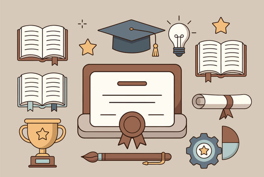 Flat of business success with documents, lightbulb, globe, and awards