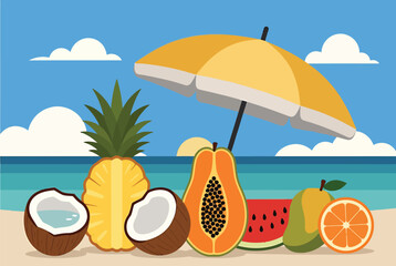 Obraz premium Tropical beach scene with pineapple, coconut, and seashells under sunny sky sand