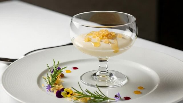 Gourmet Panna Cotta Dessert in Glass Cup with Honey and Edible Flowers Plated for Fine Dining Restaurant Menu Presentation