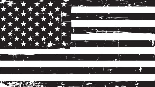 A high-contrast, black-and-white vector illustration of the American flag featuring a heavily weathered, distressed, and vintage texture.
