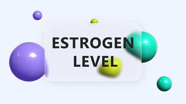 Animated estrogen level text on glass panel with purple, yellow-green and teal spheres on light blue background