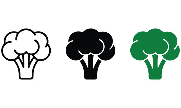 Three distinct broccoli icons representing different graphic styles are arranged horizontally across this clean and simple digital design illustration image