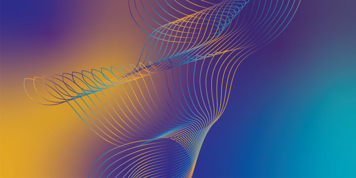 Abstract tech background in yeallow navy blue, and azure with glowing curved streams, vibrant wave flow, and clean vector style.