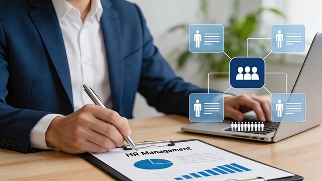 HR manager working on laptop with organizational chart icons representing team structure and employee hierarchy while signing human resources management documents on clipboard.