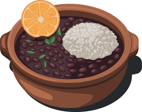 Brazilian feijoada in a clay pot with rice and orange slice black beans south america