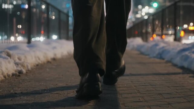 Man Walking Alone on Winter City Street Sidewalk Evening Closeup
