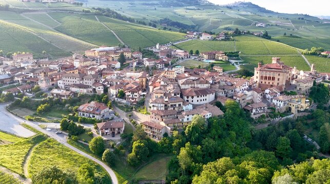 Aerial View of Barolo Village and Vineyards in Piedmont Italy