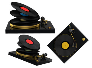 Fototapeta premium Set of colorful vinyl record players with black tonearms and vinyl records, isolated on white background, concept of music