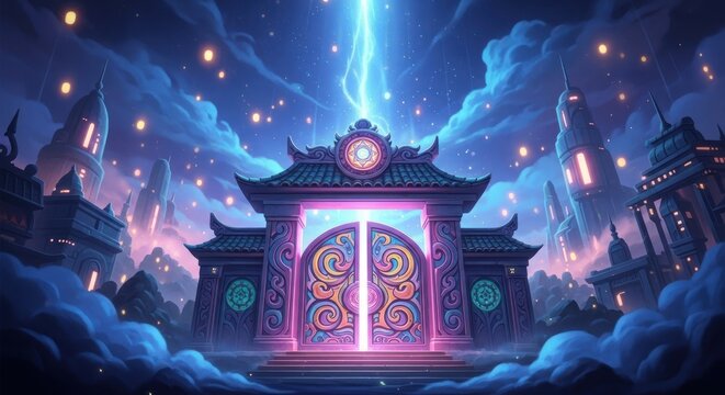 Ethereal Gateway to a Mystical City Under a Cosmic Sky