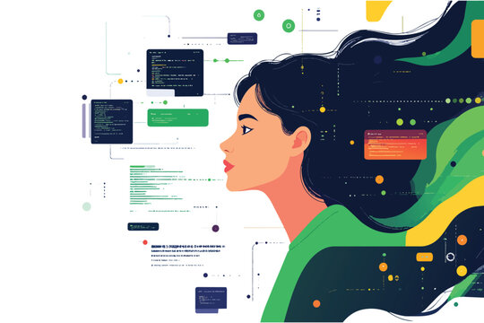 Woman with coding and programming elements around her head illustration