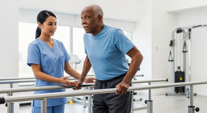 Senior African American man during physical therapy session with Asian female therapist using parallel bars in modern rehabilitation center clinic.