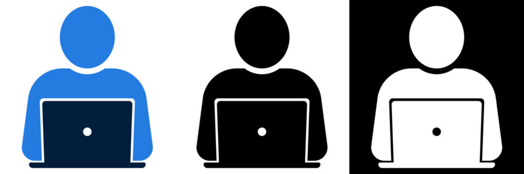 Person working on laptop computer icon set in various colors.